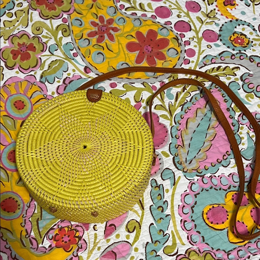Round Woven Purse Women Yellow Crossbody